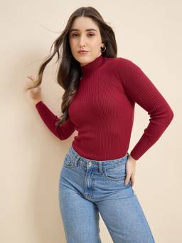 98 Degree North - Maroon Women High Neck Pullover Sweater