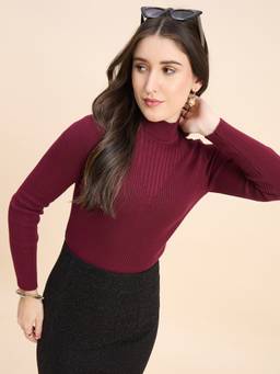 98 Degree North - Burgundy Women High Neck Pullover Sweater