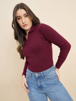 98 Degree North - Burgundy Women Collar Neck Pullover Sweater