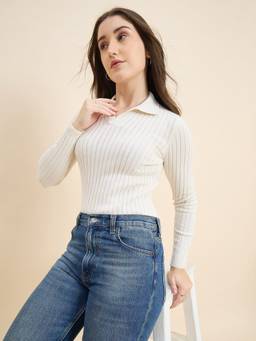 98 Degree North - Off White Women Collar Neck Pullover Sweater
