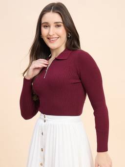 98 Degree North - Burgundy Women Collar Neck Pullover Sweater