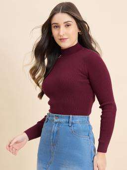 98 Degree North - Burgundy Women High Neck Pullover Sweater
