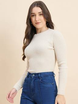 98 Degree North - Cream Women Round Neck Pullover Sweater