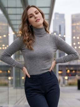 LASOON - Grey Women’s Wool Blend Ribbed Turtle Neck Full Sleeve Sweater