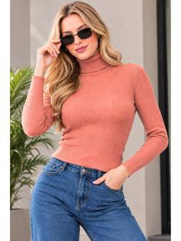 LASOON - Peach Women’s Wool Blend Ribbed Turtle Neck Full Sleeve Sweater