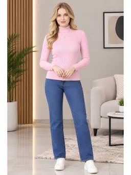 LASOON - Pink Women’s Wool Blend Ribbed Turtle Neck Full Sleeve Sweater
