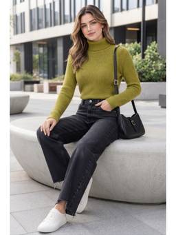 LASOON - Olive Women’s Wool Blend Ribbed Turtle Neck Full Sleeve Sweater