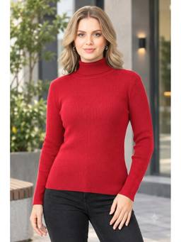 LASOON - Red Women’s Wool Blend Ribbed Turtle Neck Full Sleeve Sweater