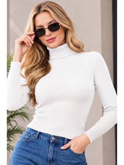 LASOON - White Women’s Wool Blend Ribbed Turtle Neck Full Sleeve Sweater