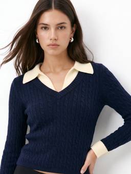Outzidr - Navy Blue Cable Knit Structure Sweater
