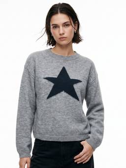 Outzidr - Grey Round Neck Star Print Sweater