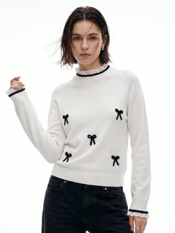 Outzidr - Off White High Neck Laces Ruffled All Over Bow Applique Sweater