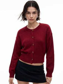 Outzidr - Burgundy Heart Shaped Button Down Cardigan