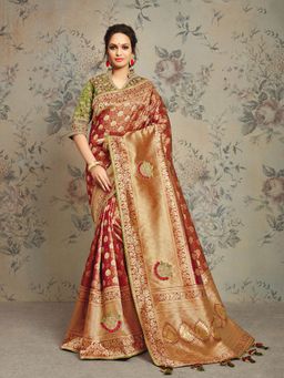 Odette - Maroon Weaved Jacquard Silk Designer Saree with Unstitched Blouse