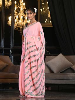 Beatitude - Pink Hand Embroidered Kashmiri Saree with Unstitched Blouse