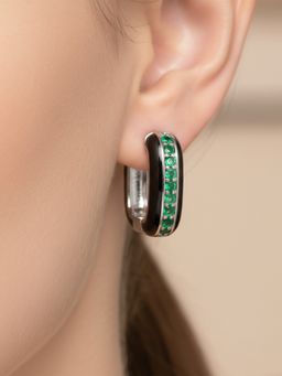 METALM - Emerald Green Square Huggie Hoops 925 Silver Earrings