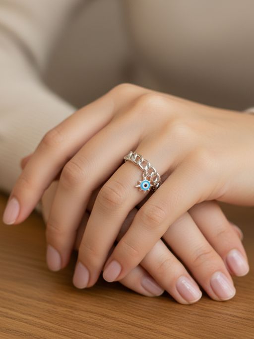METALM Evil Eye Spiritual Protection Dangling Charm Silver Ring for Women