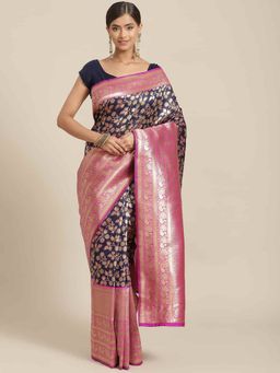 Silk Land - Banarasi Art Silk Saree with Unstiched Blouse Piece Navy Blue with Unstitched