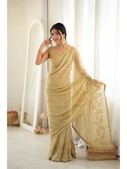 Nyri - Gold Beautiful Georgette Beads Threads Work Heavy Lace Border Saree