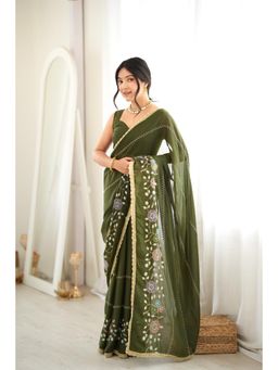 Nyri - Green Beautiful Georgette Beads Threads Work Heavy Lace Border Saree