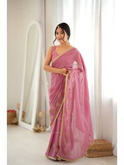 Nyri - Pink Beautiful Georgette Beads Threads Work Heavy Lace Border Saree