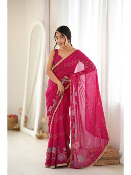 Nyri - Magenta Beautiful Georgette Beads Threads Work Heavy Lace Border Saree