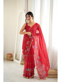 Nyri - Red Beautiful Georgette Beads Threads Work Heavy Lace Border Saree