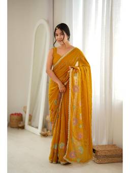 Nyri - Mustard Beautiful Georgette Beads Threads Work Heavy Lace Border Saree