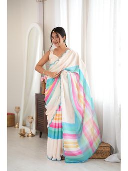 Nyri - White Beautiful Printed Mirror Work Chinon Saree