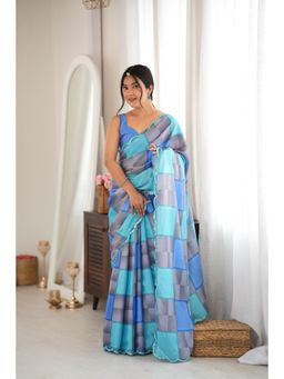Nyri - Blue Beautiful Printed Mirror Work Chinon Saree