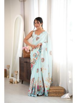 Nyri - White Beautiful Printed Mirror Work Chinon Saree