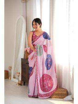 Nyri - Pink Beautiful Printed Mirror Work Chinon Saree