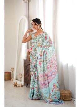 Nyri - Blue Beautiful Printed Mirror Work Chinon Saree