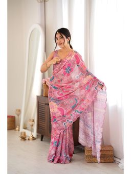 Nyri - Pink Beautiful Printed Mirror Work Chinon Saree