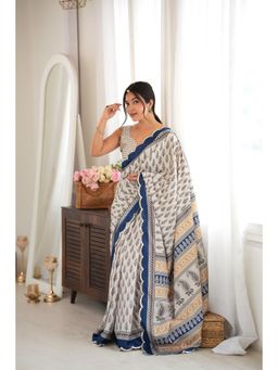 Nyri - White Beautiful Printed Mirror Work Chinon Saree