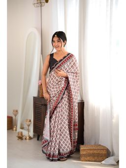 Nyri - Off White Beautiful Printed Mirror Work Chinon Saree