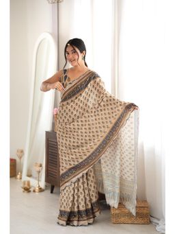 Nyri - Beige Beautiful Printed Mirror Work Chinon Saree