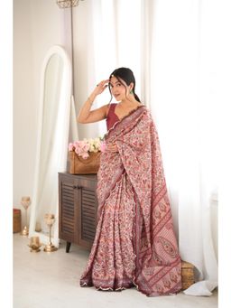Nyri - Pink Beautiful Printed Mirror Work Chinon Saree
