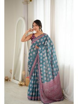 Nyri - Teal Beautiful Printed Mirror Work Chinon Saree