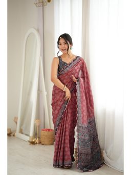 Nyri - Maroon Beautiful Printed Mirror Work Chinon Saree