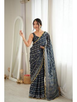 Nyri - Grey Beautiful Printed Mirror Work Chinon Saree