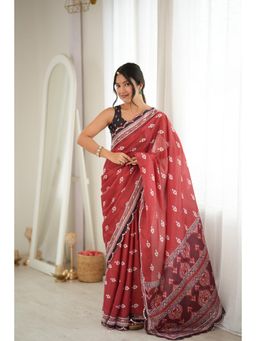 Nyri - Rust Beautiful Printed Mirror Work Chinon Saree
