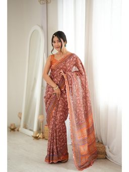Nyri - Brown Beautiful Printed Mirror Work Chinon Saree