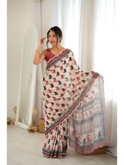 Nyri - Off White Beautiful Printed Mirror Work Chinon Saree
