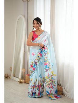 Nyri - Blue Beautiful Printed Mirror Work Chinon Saree