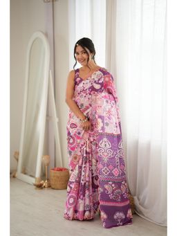 Nyri - Pink Beautiful Printed Mirror Work Chinon Saree