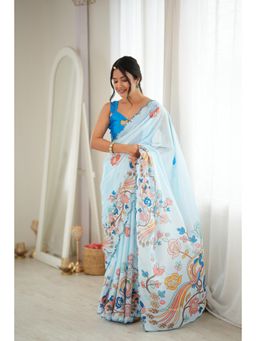Nyri - Blue Beautiful Printed Mirror Work Chinon Saree