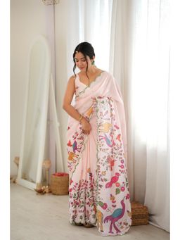 Nyri - Pink Beautiful Printed Mirror Work Chinon Saree
