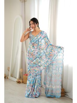 Nyri - Blue Beautiful Printed Mirror Work Chinon Saree