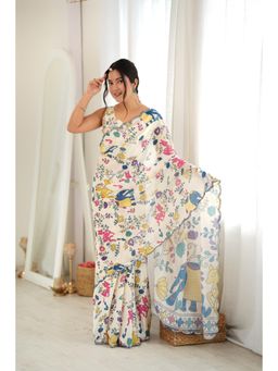Nyri - Off White Beautiful Printed Mirror Work Chinon Saree